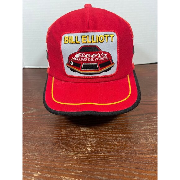 Vintage 3 Stripe Bill Elliott Coors Melling Oil Pumps Red Snapback Trucker Hat X - Picture 1 of 5